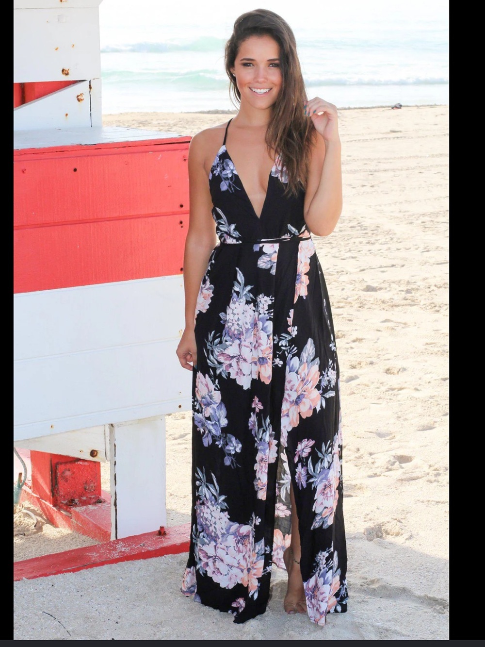 Streetwear Society Black Maxi Dress with Blue and Pink Floral Print